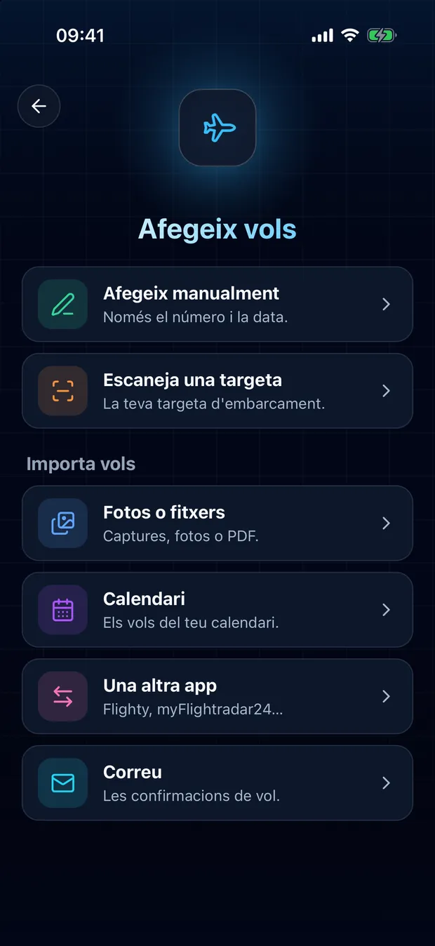 Obre FlightLog, toca el botó d'escaneig al mig de la barra inferior i després Una altra app.