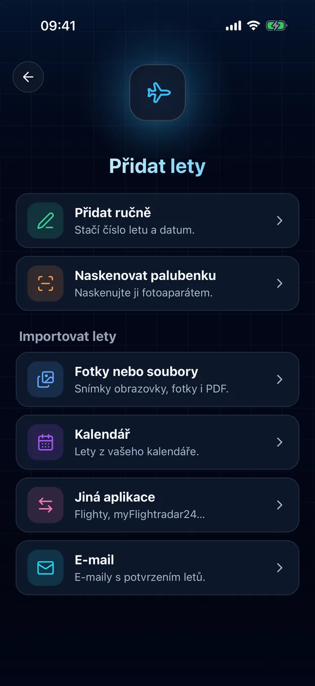 Otevřete FlightLog, klepněte na tlačítko skenování uprostřed spodní lišty a poté na „Jiná aplikace“.