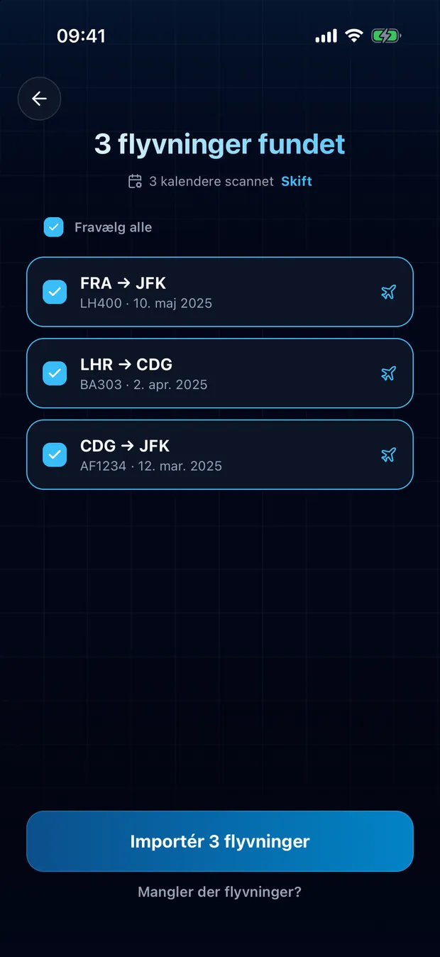 Gennemgå de fundne flyvninger, og importér