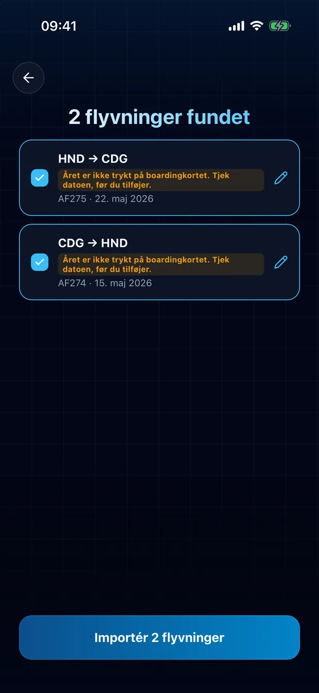 Gennemgå de fundne flyvninger, og importér