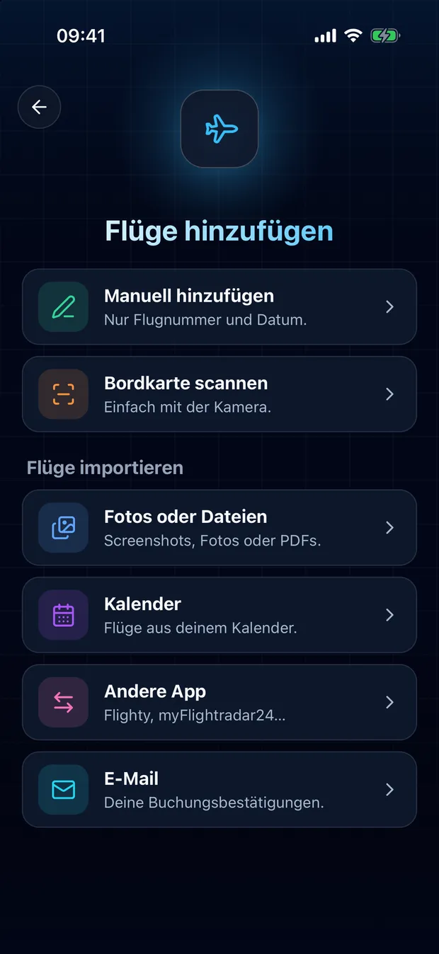 Öffne FlightLog, tippe auf den Scan-Button in der Mitte der unteren Leiste und dann auf Andere App.