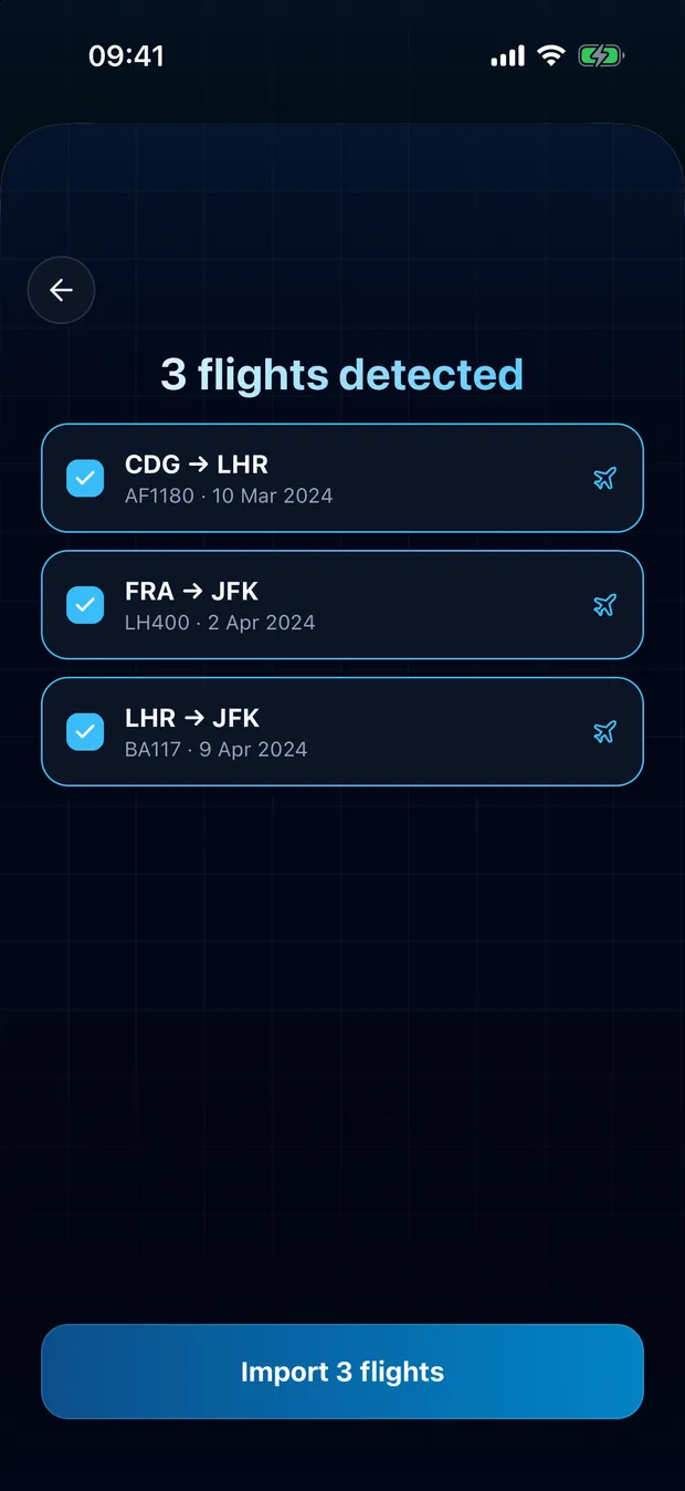 Review the detected flights and confirm. Duplicates are flagged, nothing is imported twice.
