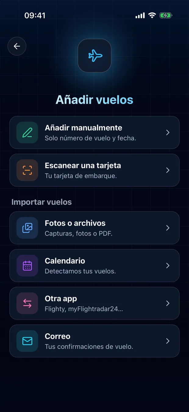 Abre FlightLog, toca el botón de escaneo en el centro de la barra inferior y luego Otra app.