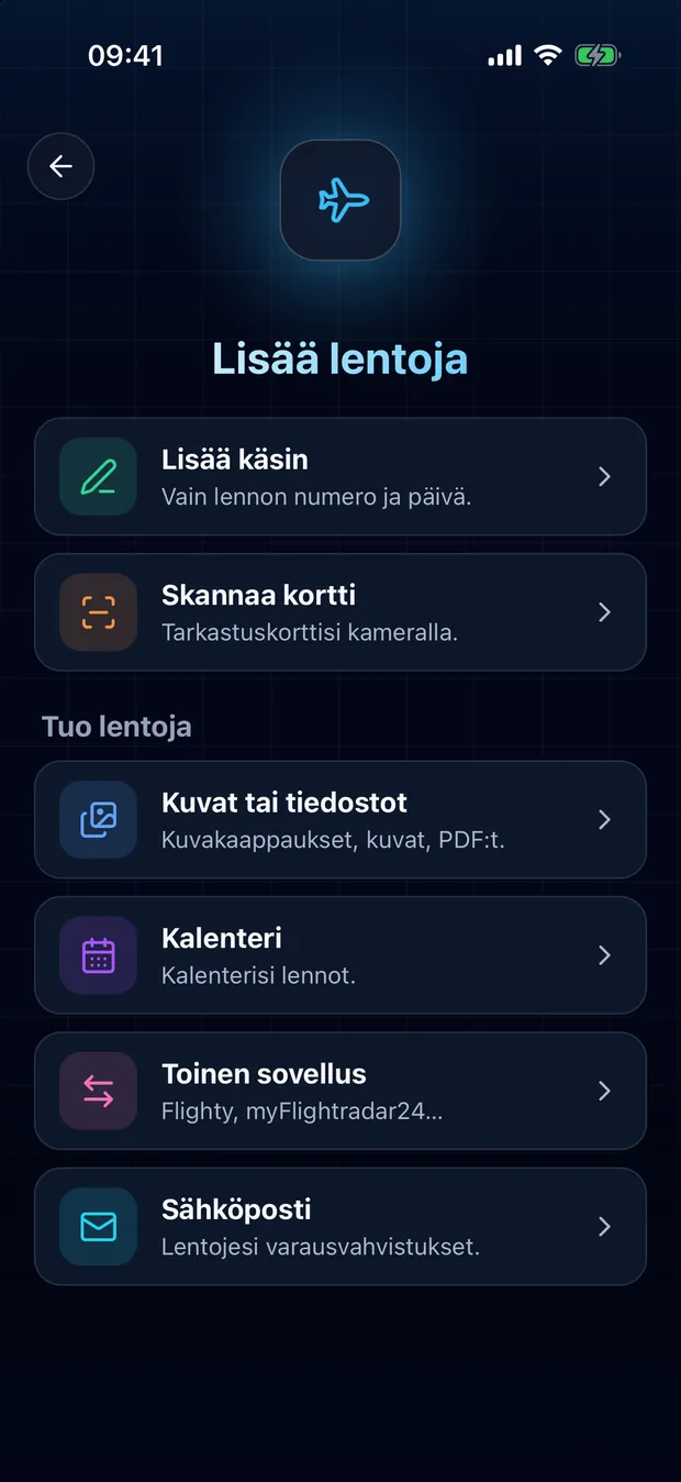 Avaa FlightLog, napauta alapalkin keskellä olevaa skannauspainiketta ja valitse "Toinen sovellus".