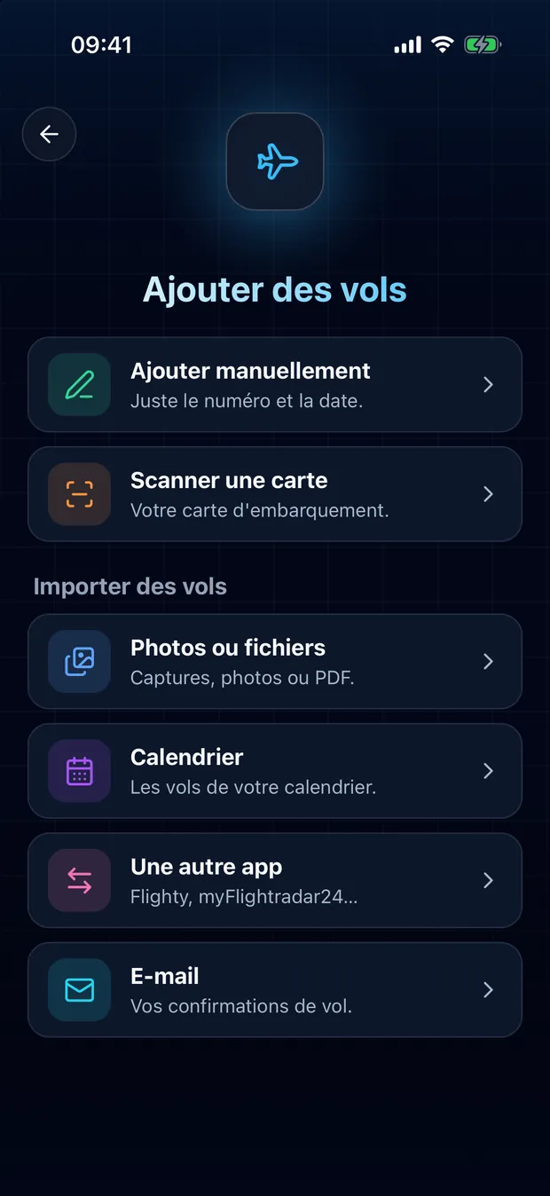 Ouvrez FlightLog, touchez le bouton de scan au milieu de la barre du bas, puis Une autre app.