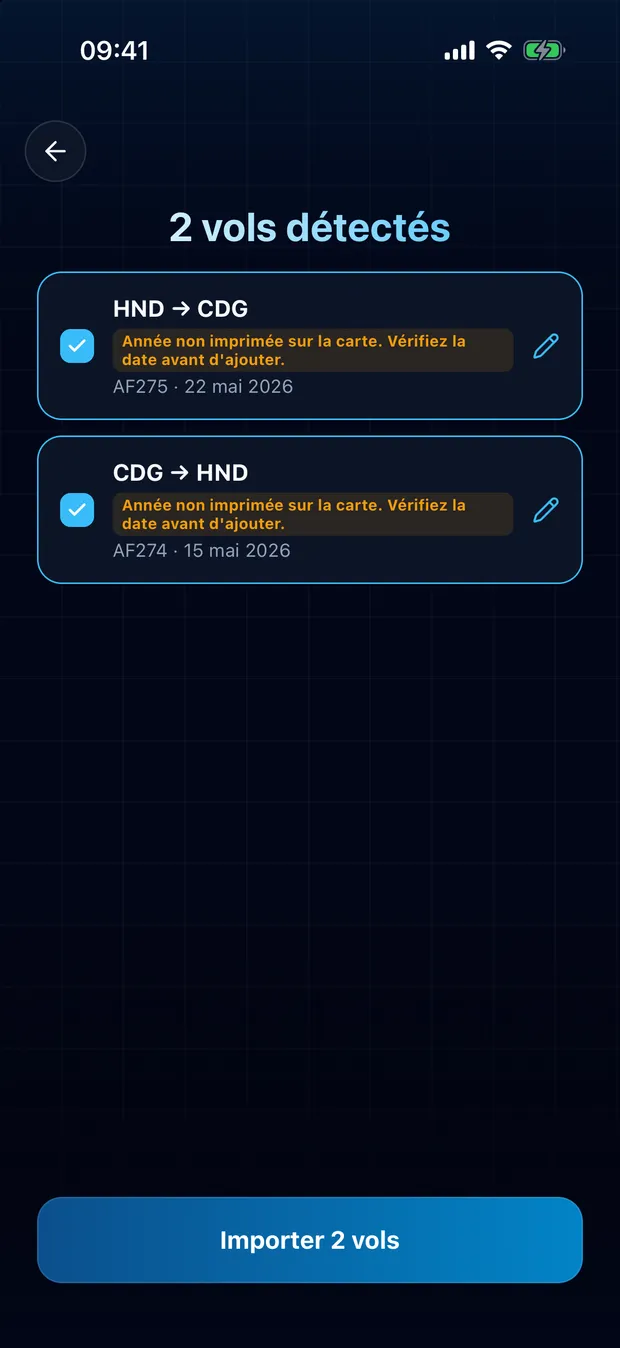 Vérifiez les vols trouvés, puis importez