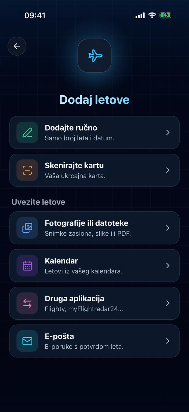 Otvorite FlightLog, dodirnite gumb za skeniranje na sredini donje trake, zatim Druga aplikacija.