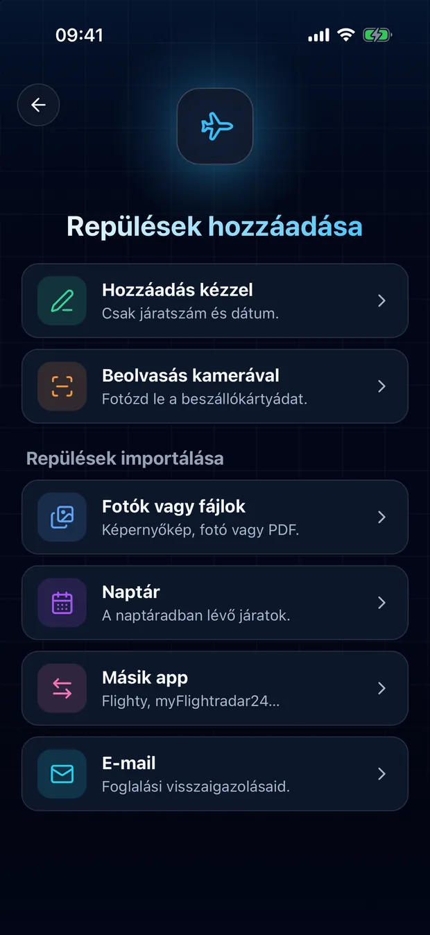 Nyissa meg a FlightLog-ot, koppintson az alsó sáv közepén lévő szkennelés gombra, majd a Másik app lehetőségre.
