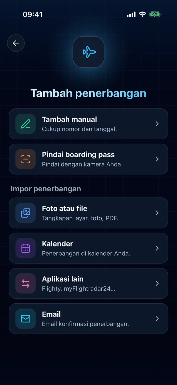 Buka FlightLog, ketuk tombol pindai di tengah bilah bawah, lalu Aplikasi lain.