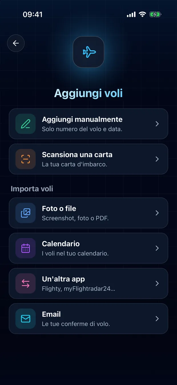 Apri FlightLog, tocca il pulsante di scansione al centro della barra in basso, poi Un'altra app.