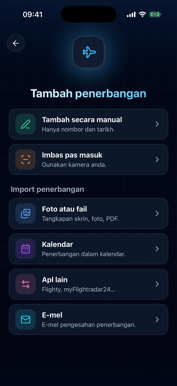 Buka FlightLog, ketik butang imbas di tengah bar bawah, kemudian Apl lain.