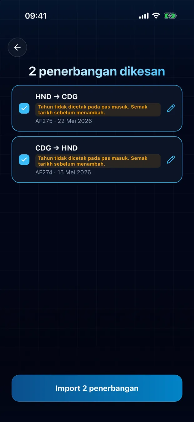 Semak penerbangan yang ditemui, kemudian import