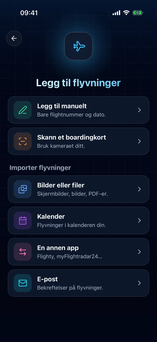 Åpne FlightLog, trykk på skannerknappen midt i den nederste linjen, og velg deretter En annen app.