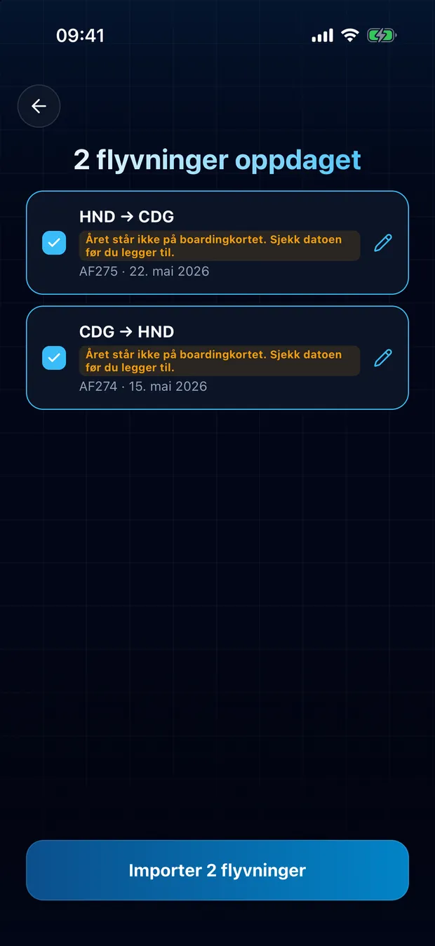 Se over flyturene som ble funnet, og importer