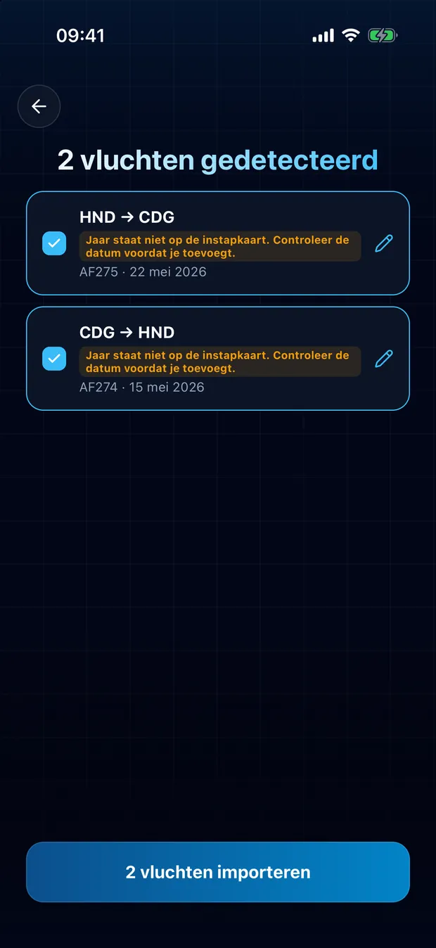 Controleer de gevonden vluchten en importeer ze