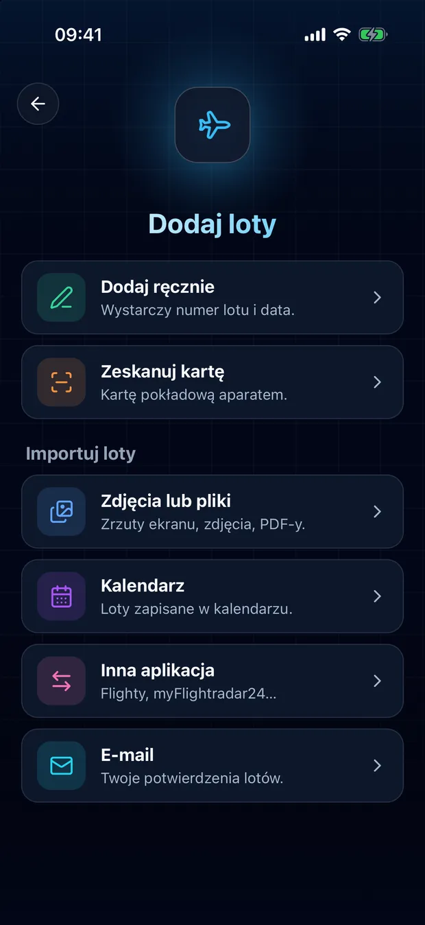Otwórz FlightLog, dotknij przycisku skanowania na środku dolnego paska, a potem „Inna aplikacja”.