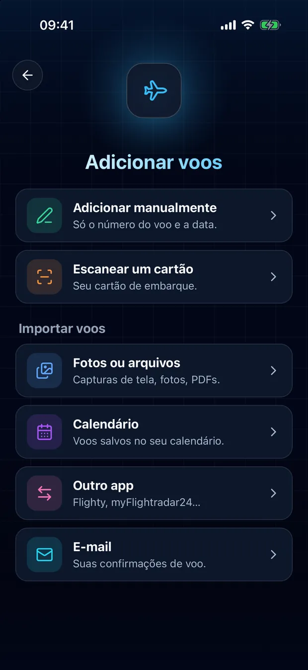 Abra o FlightLog, toque no botão de digitalização no meio da barra inferior e depois em Outro app.