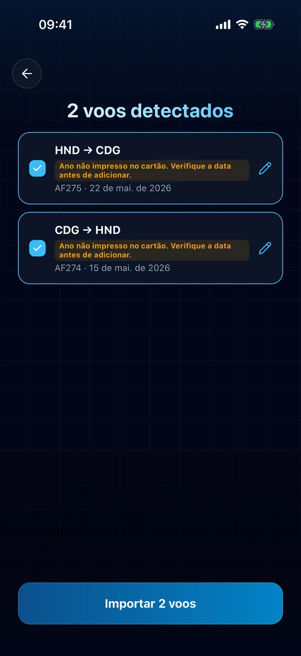 Reveja os voos encontrados e importe