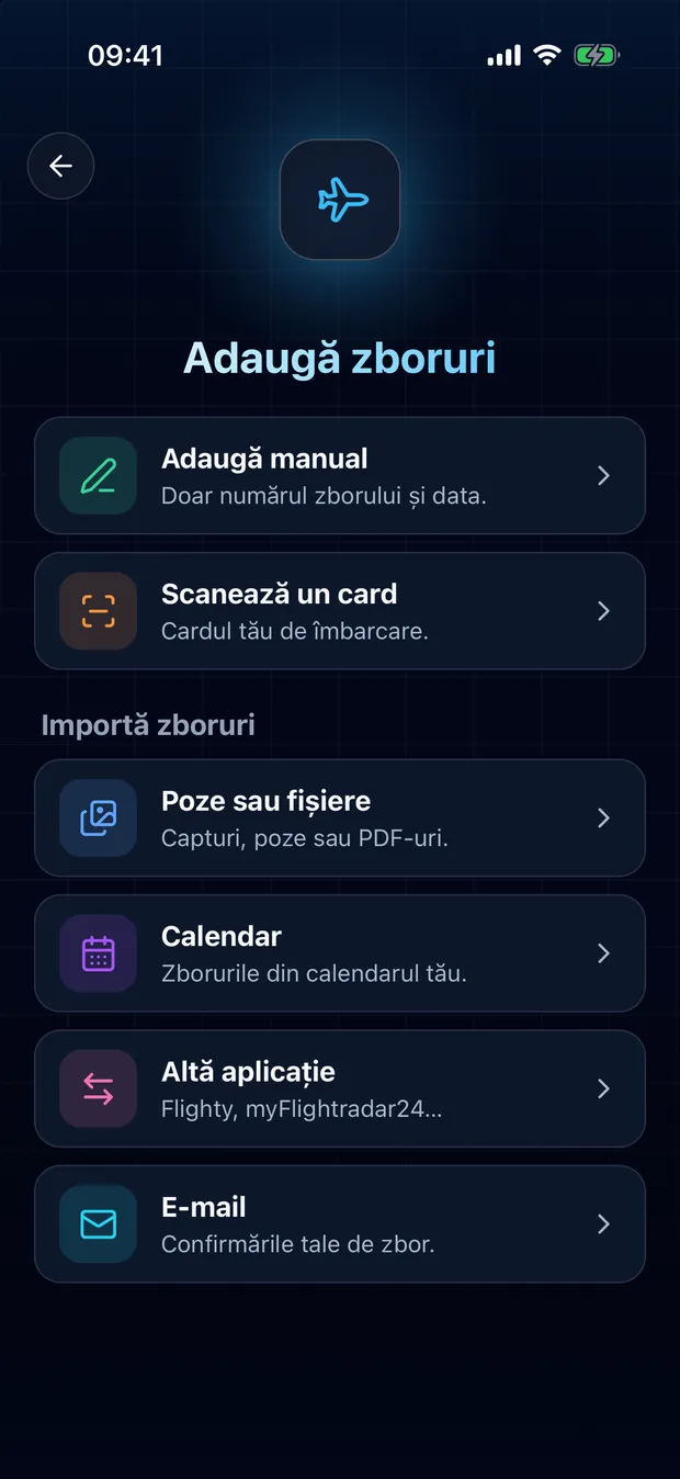 Deschide FlightLog, atinge butonul de scanare din mijlocul barei de jos, apoi Altă aplicație.