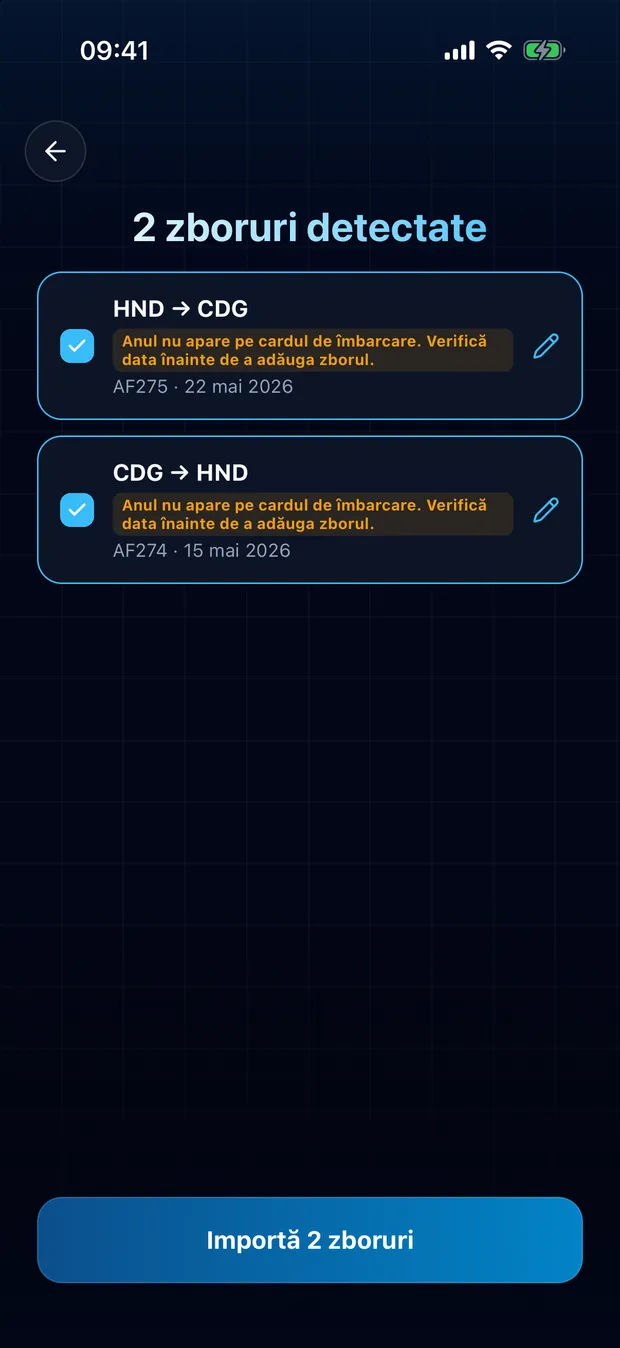 Verifică zborurile găsite, apoi importă