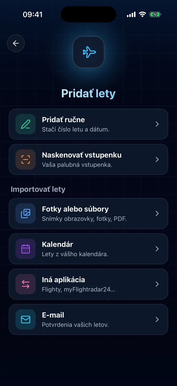 Otvorte FlightLog, ťuknite na tlačidlo skenovania uprostred dolnej lišty a potom na „Iná aplikácia“.