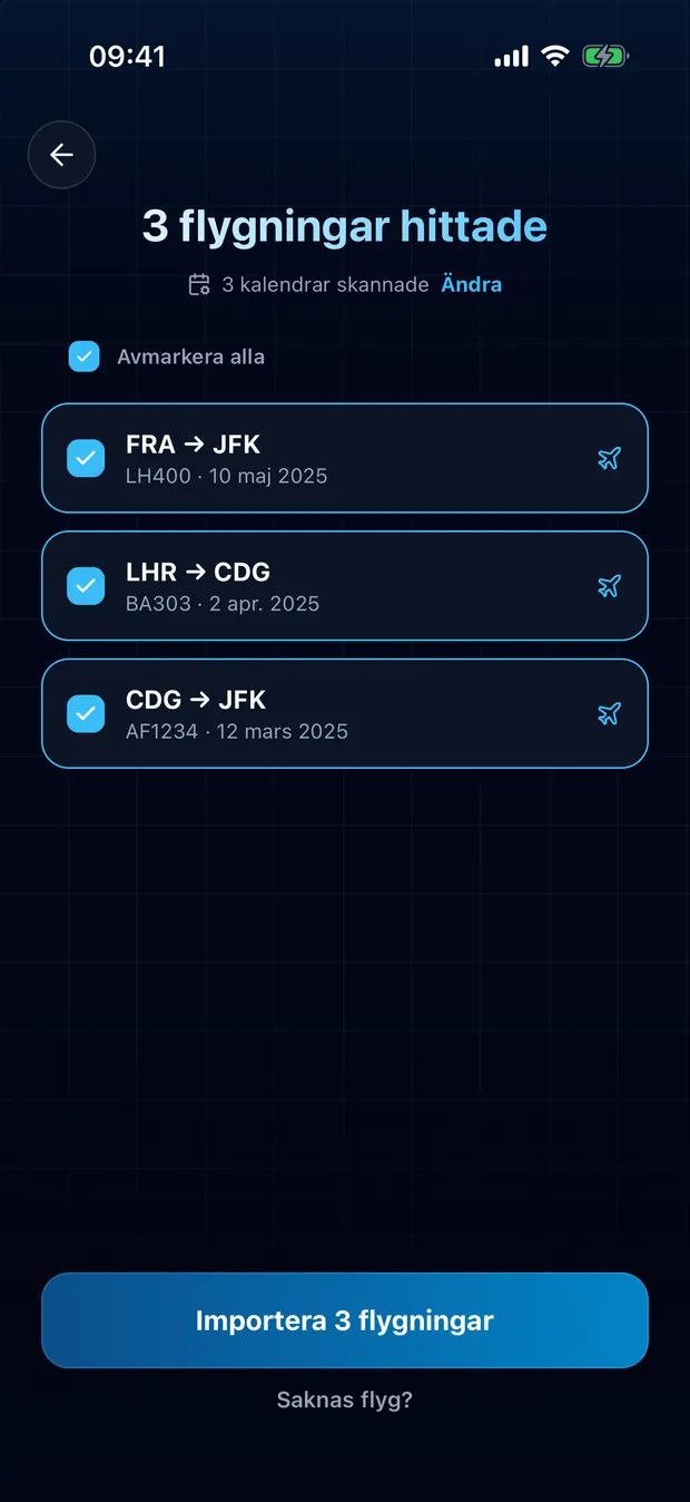 Granska de hittade flygningarna och importera
