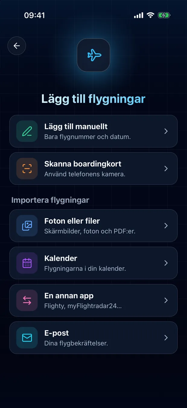 Öppna FlightLog, tryck på skanningsknappen i mitten av det nedre fältet och sedan på En annan app.