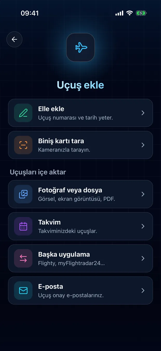 FlightLog'u açın, alt çubuğun ortasındaki tarama düğmesine dokunun, ardından Başka uygulama seçeneğine dokunun.